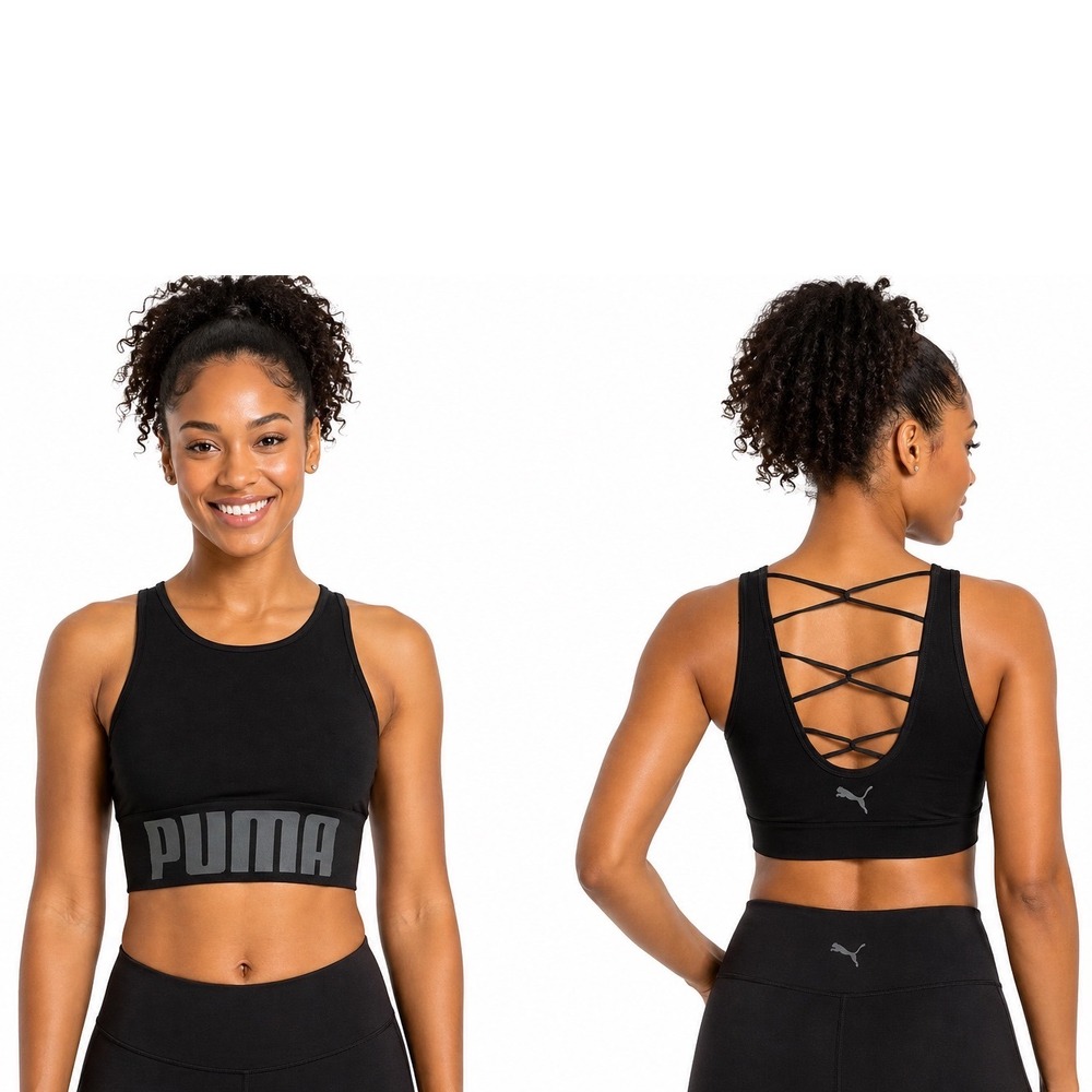 PUMA Womens Black High Neck Strappy Back Sports Bra Grey Logo Athleisure